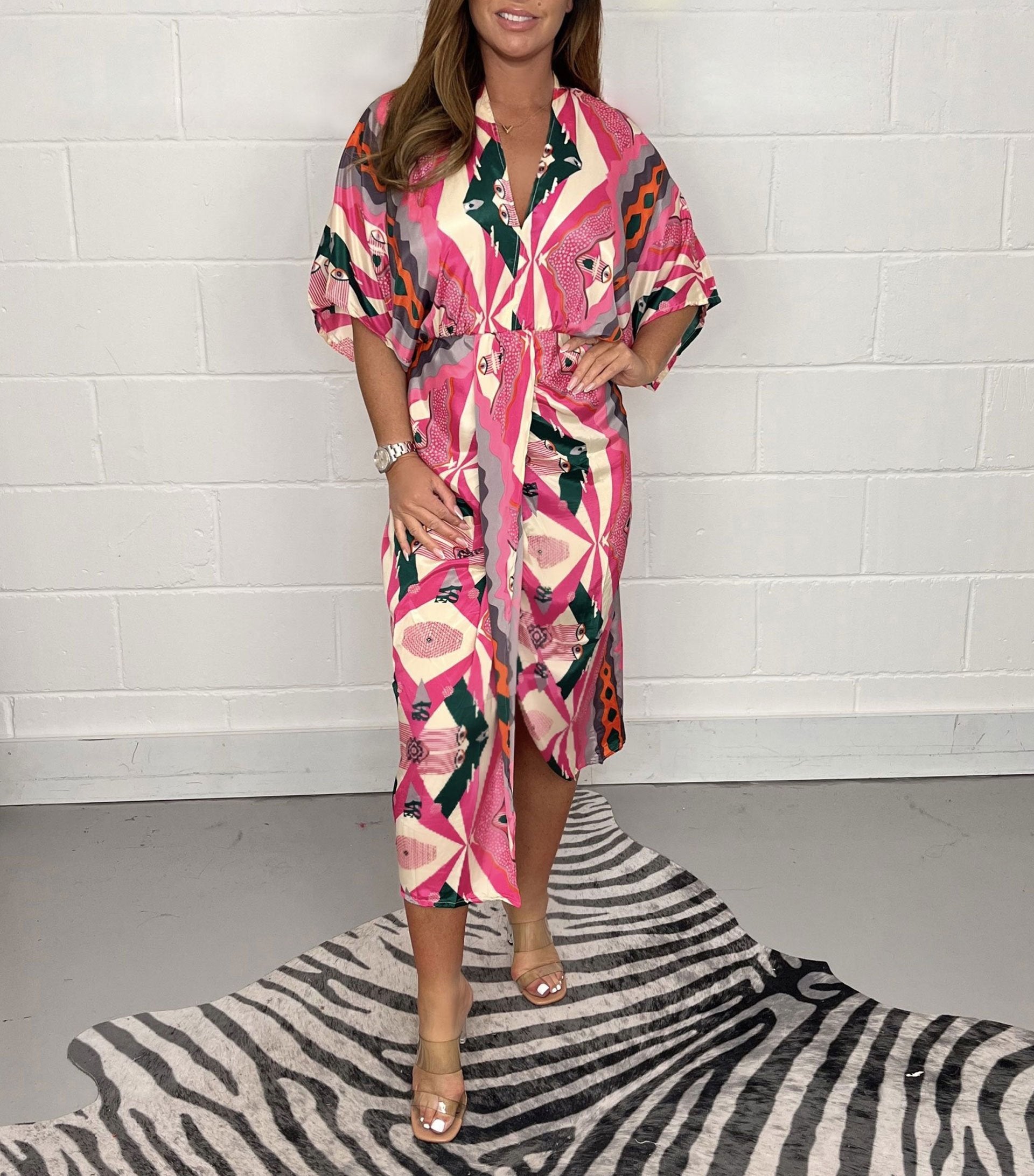 Rochie midi kimono imprimată din mătase